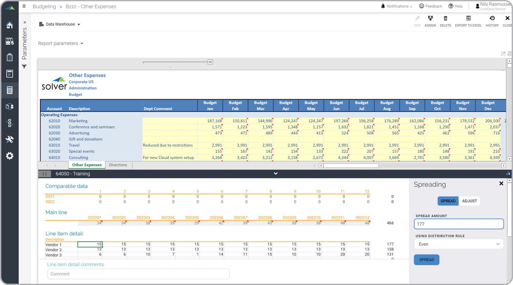 expense budget GL account line item detail spreading